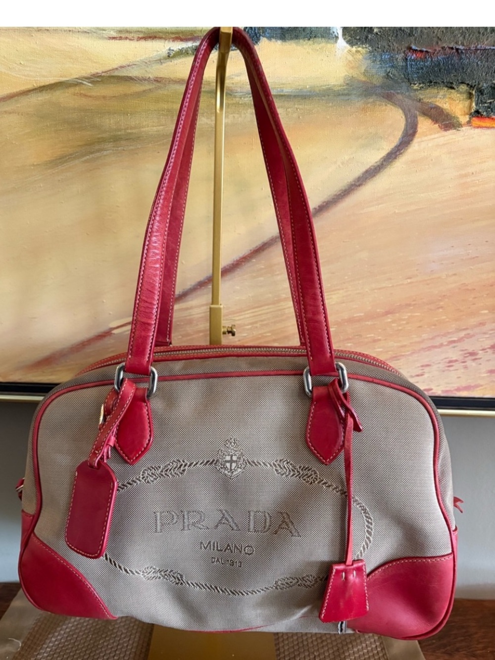 Prada Beige Canvas Shoulder Bag with Red Leather Trim COA